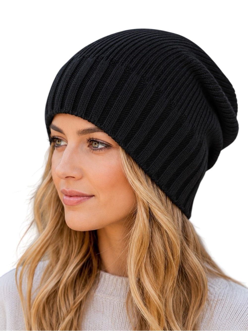 Nordstrom 100% Cashmere Ribbed Slouchy Beanie Hat Black One Size NWOT